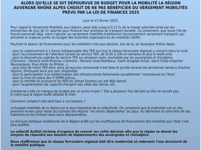 ALORS QU’ELLE SE DIT DÉPOURVUE DE BUDGET POUR LA MOBILITÉ LA RÉGION AUVERGNE RHÔNE ALPES CHOISIT DE NE PAS BÉNÉFICIER DU VERSEMENT MOBILITÉS PRÉVU PAR LA LOI DE FINANCES 2025