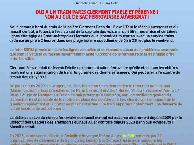 OUI A UN TRAIN PARIS CLERMONT FIABLE ET PÉRENNE ! NON AU CUL DE SAC FERROVIAIRE AUVERGNAT !