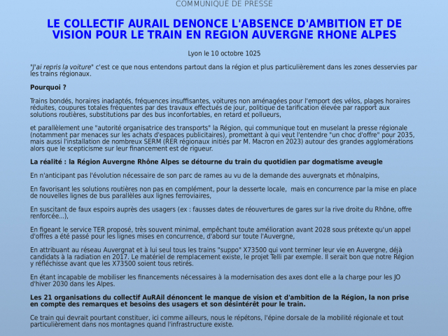 NOUS DENONCONS L’ABSENCE D’AMBITION ET DE VISION POUR LE TRAIN EN REGION AUVERGNE RHONE ALPES