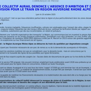 NOUS DENONCONS L’ABSENCE D’AMBITION ET DE VISION POUR LE TRAIN EN REGION AUVERGNE RHONE ALPES