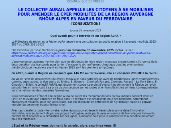 Mobilisation citoyenne pour amender le CPER Mobilités de la région Auvergne Rhône Alpes