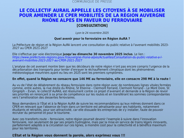 Mobilisation citoyenne pour amender le CPER Mobilités de la région Auvergne Rhône Alpes