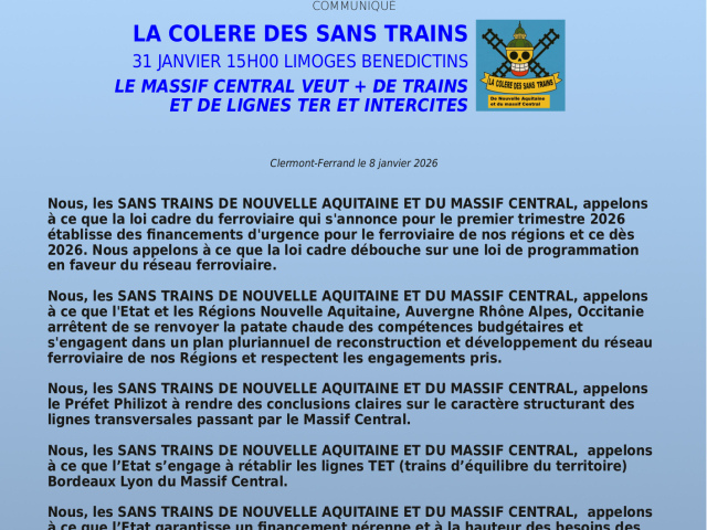 LA COLERE DES SANS TRAINS DE Nelle AQUITAINE ET DU MASSIF CENTRAL : 31 JANVIER – LIMOGES