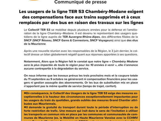 Chambéry Modane en travaux : le collectif TER 53 exige des compensations