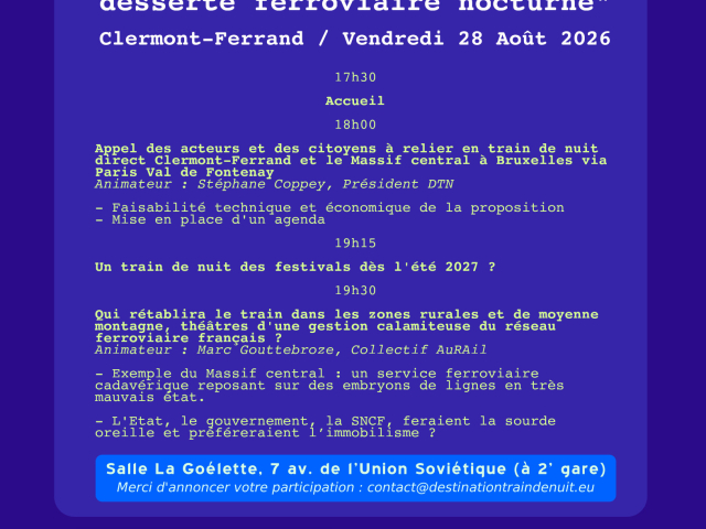 28 août à Clermont : colloque sur le retour du train de nuit dans le massif central