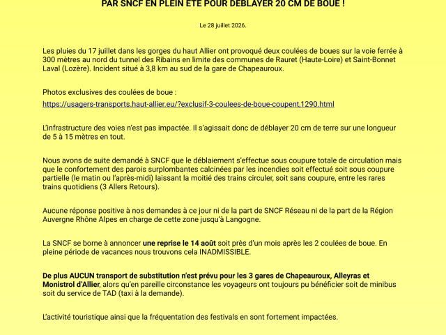 Coulées de boue sur la ligne des Cévennes : notre communiqué de presse