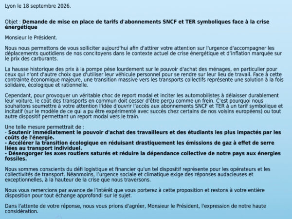 Face à la crise énergétique AuRAil demande des tarifs SNCF et TER symboliques